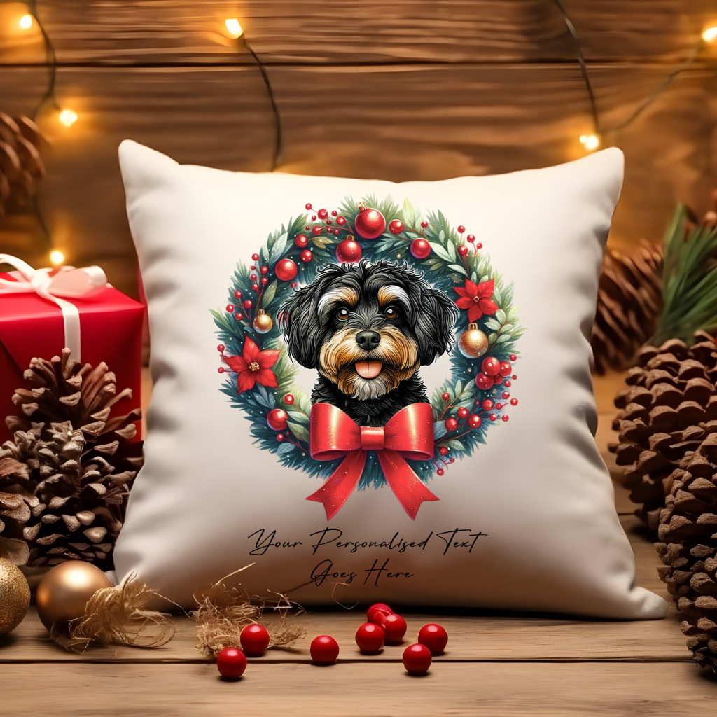 Personalised Jackapoo in a Christmas wreath - Keepsake Gift cushion, by Floppsie Moppsie – floppsiemoppsie at floppsiemoppsie.co.uk