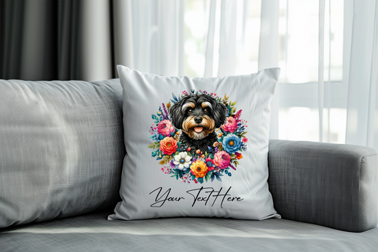 Personalised Floral Summer Pet Dog Wreath with Jackapoo - Keepsake Gift Cushion, by Floppsie Moppsie – floppsiemoppsie at floppsiemoppsie.co.uk