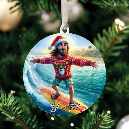 Personalised Christmas Jesus Surfing - Hanging Bauble Decoration - Style A