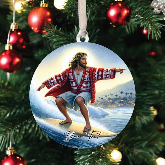 Personalised Christmas Jesus Surfing - Hanging Bauble Decoration - Style B