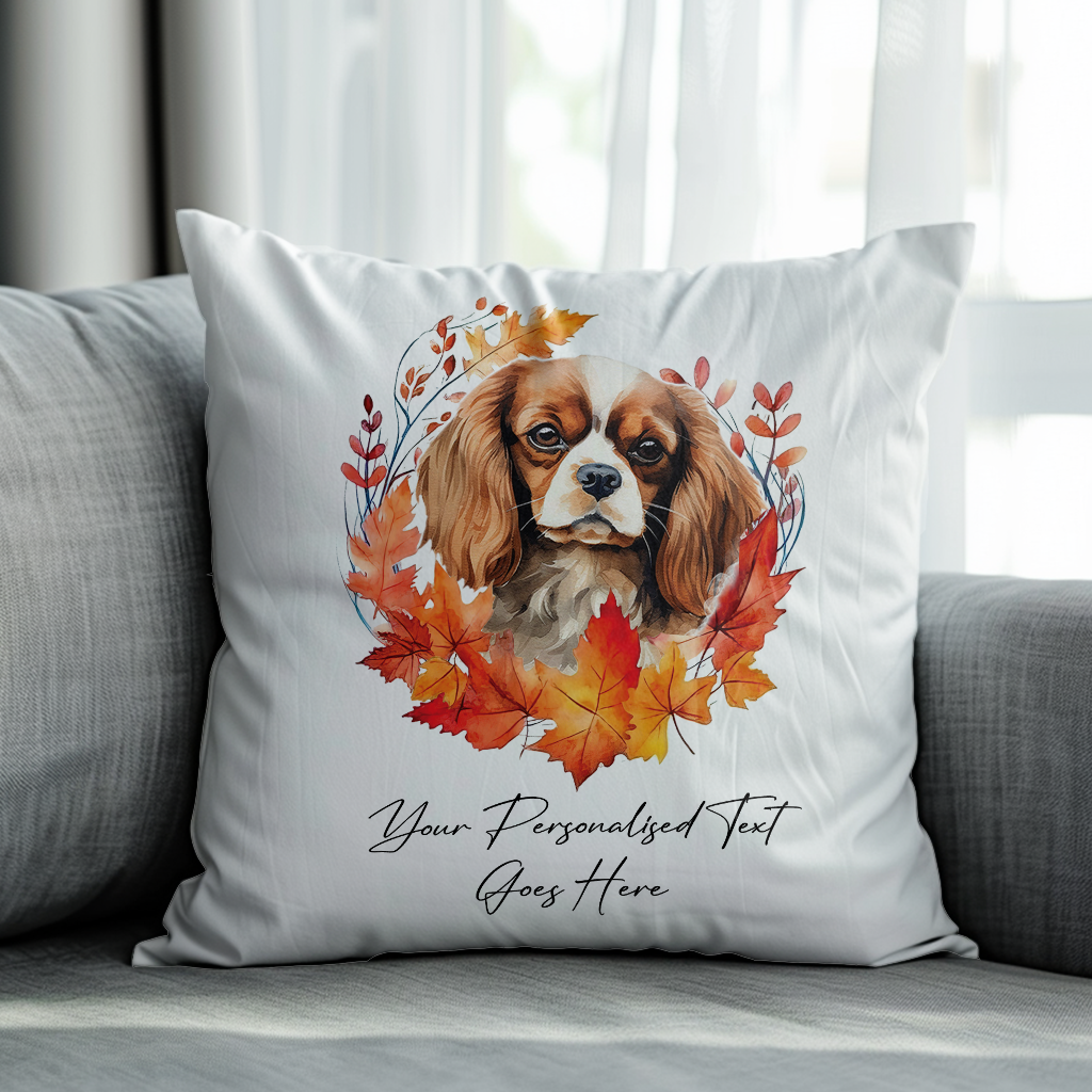 Personalised King Charles Spaniel in an Autumn wreath - Keepsake Gift cushion, by Floppsie Moppsie – floppsiemoppsie at floppsiemoppsie.co.uk