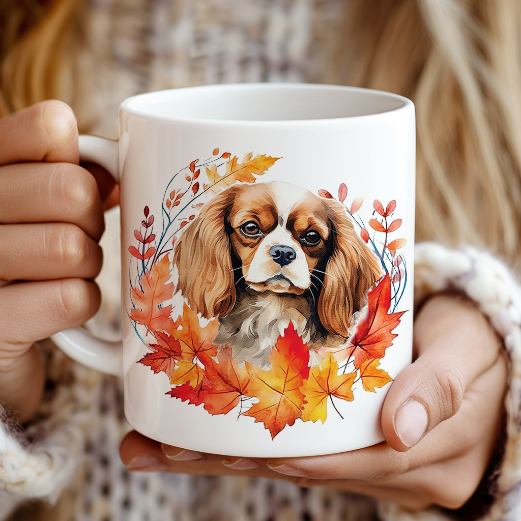 Personalised King Charles Spaniel in an Autumn wreath - Keepsake Mug, ideal gift for Birthday and Christmas Gift, by Floppsie Moppsie – floppsiemoppsie at floppsiemoppsie.co.uk