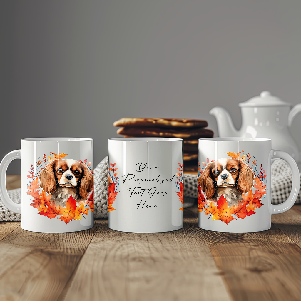 Personalised King Charles Spaniel in an Autumn wreath - Keepsake Mug, ideal gift for Birthday and Christmas Gift, by Floppsie Moppsie – floppsiemoppsie at floppsiemoppsie.co.uk