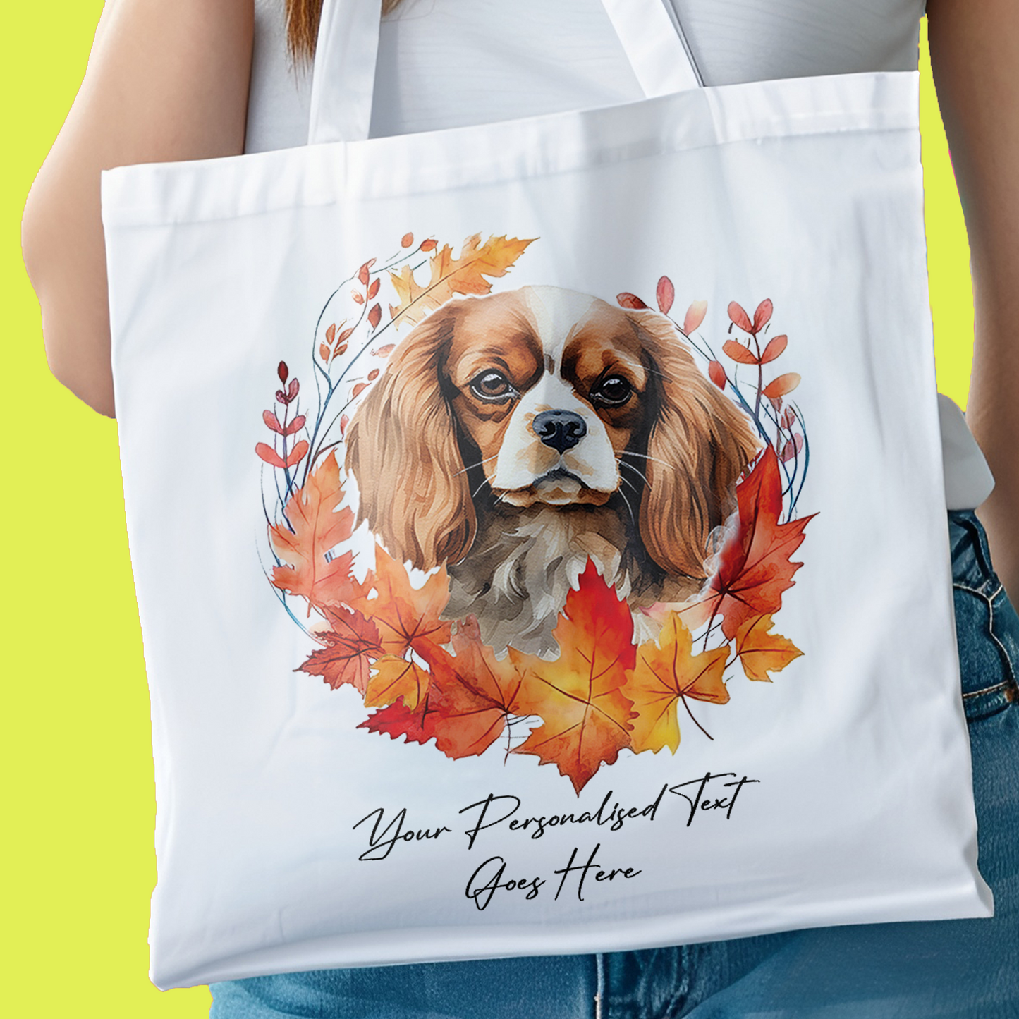 Personalised Dog Autumn Wreath King Charles Spaniel Tote Bag