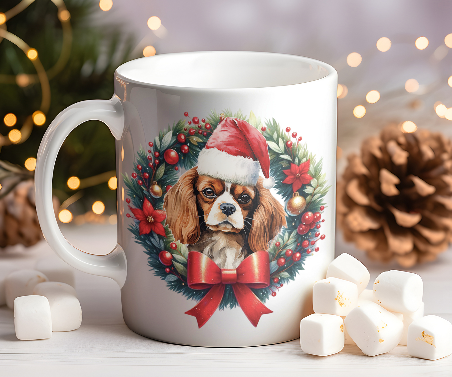 Personalised King Charles Spaniel Dog Christmas Wreath Gift Mug