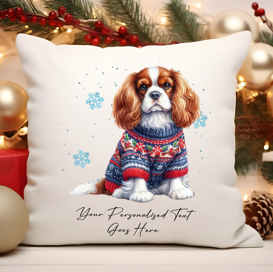 Personalised King Charles Spaniel Dog Christmas Jumper Cushion Cover Gift - Style C