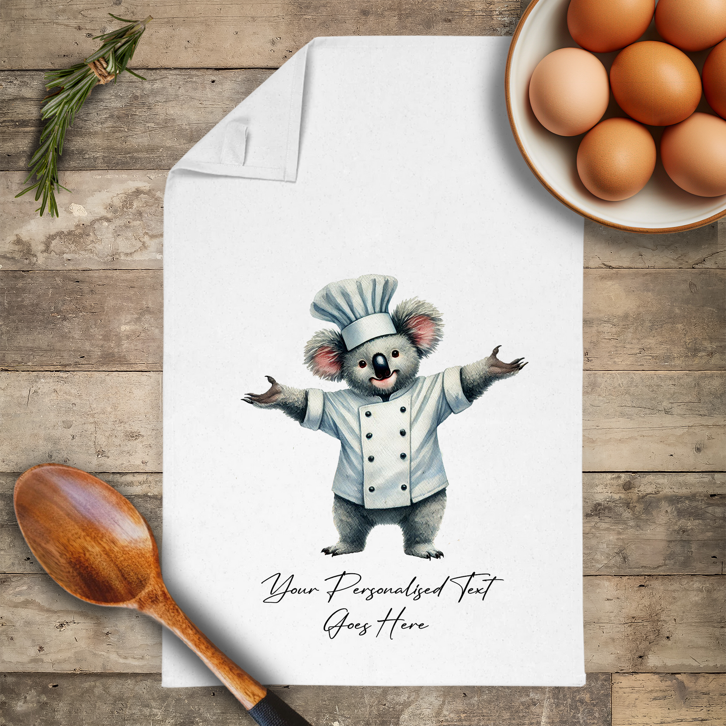 Personalised Watercolour Animal Chef Koala Tea Towel