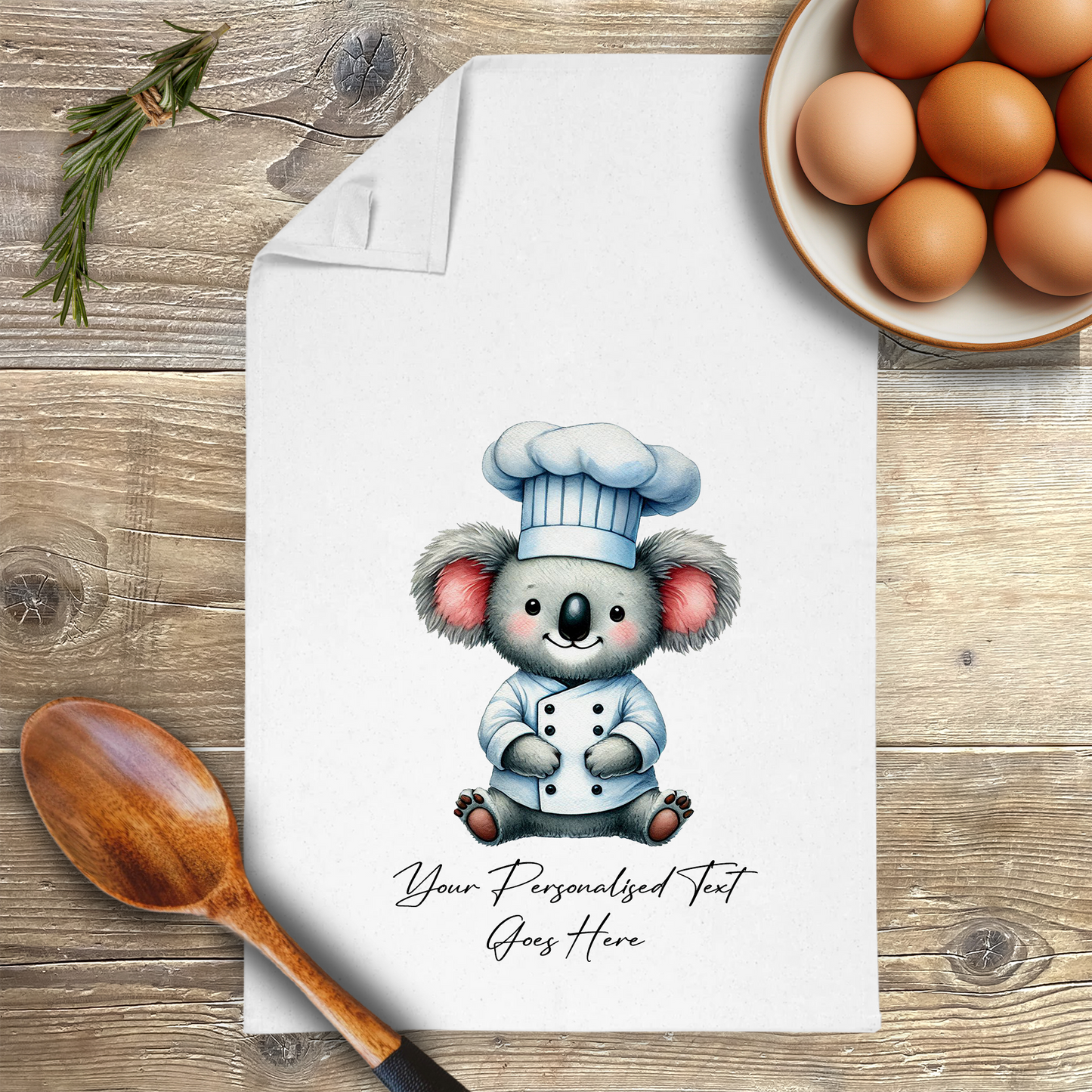 Personalised Watercolour Animal Chef Koala Tea Towel B