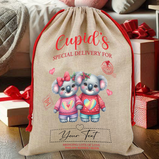 Personalised Animal Couple Love Heart Valentine Anniversary Gift Sack - Koala