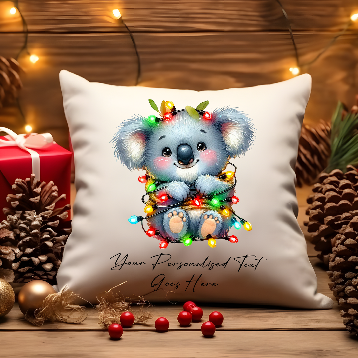 Personalised Koala Wrapped in Christmas Lights Cushion Cover Gift - Style B