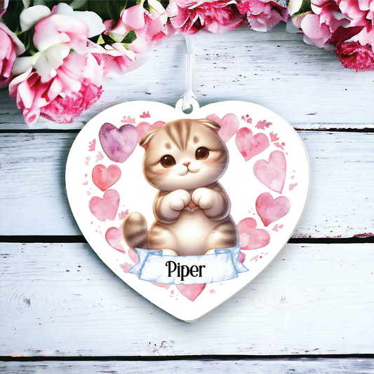 Personalised Scottish Fold Cat Heart Hand Love Decoration