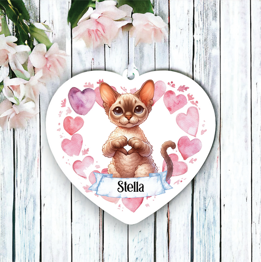 Personalised Devon Rex Cat Heart Hand Love Decoration