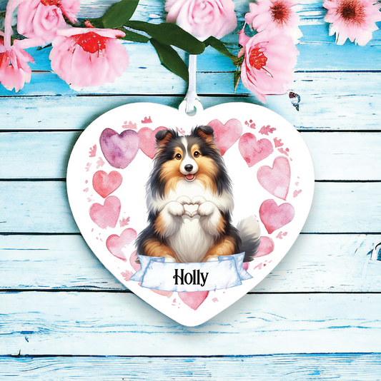 Personalised Shetland Sheepdog Dog Love Heart Hand Decoration