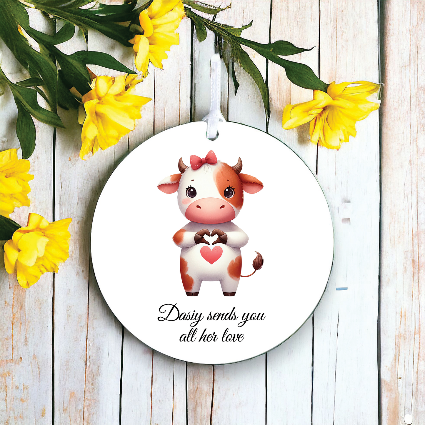 Personalised Cute Cow Love Heart Hand Decoration