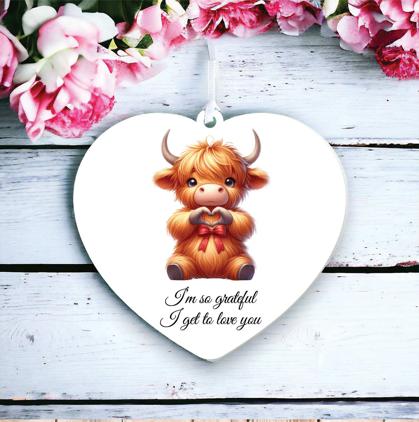 Personalised Cute Highland Cow Love Heart Hand Decoration