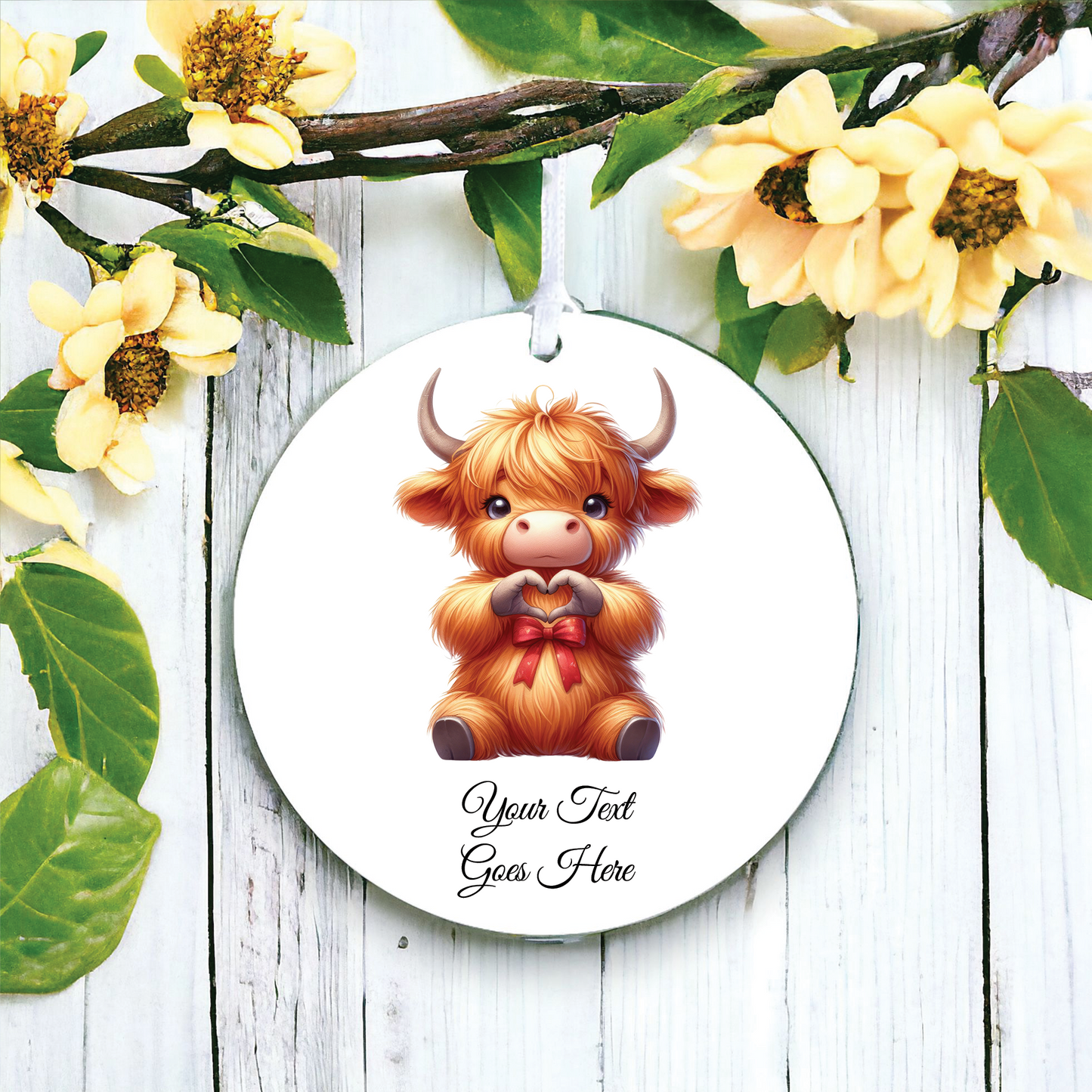 Personalised Cute Highland Cow Love Heart Hand Decoration