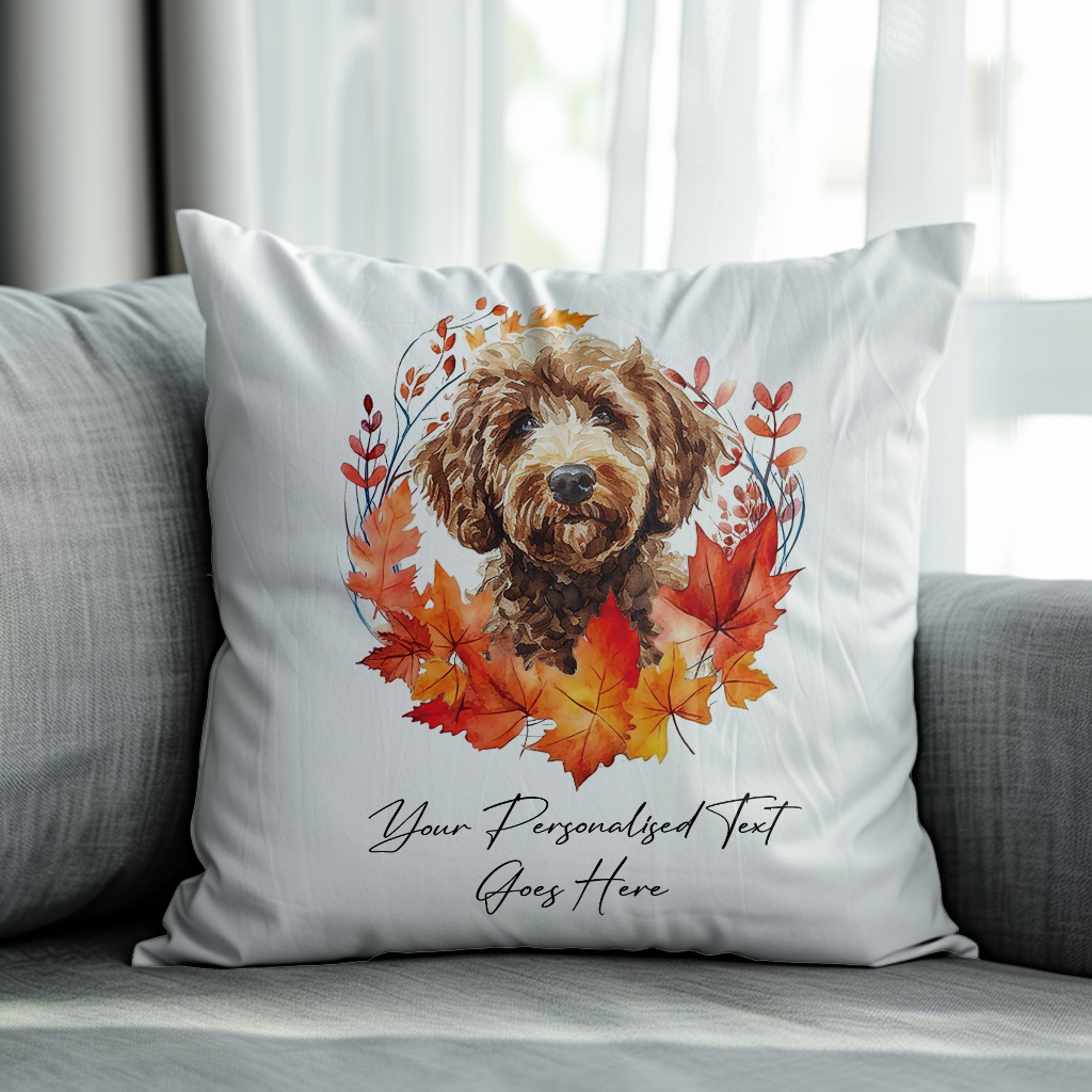 Personalised Labradoodle in an Autumn wreath - Keepsake Gift cushion, by Floppsie Moppsie – floppsiemoppsie at floppsiemoppsie.co.uk