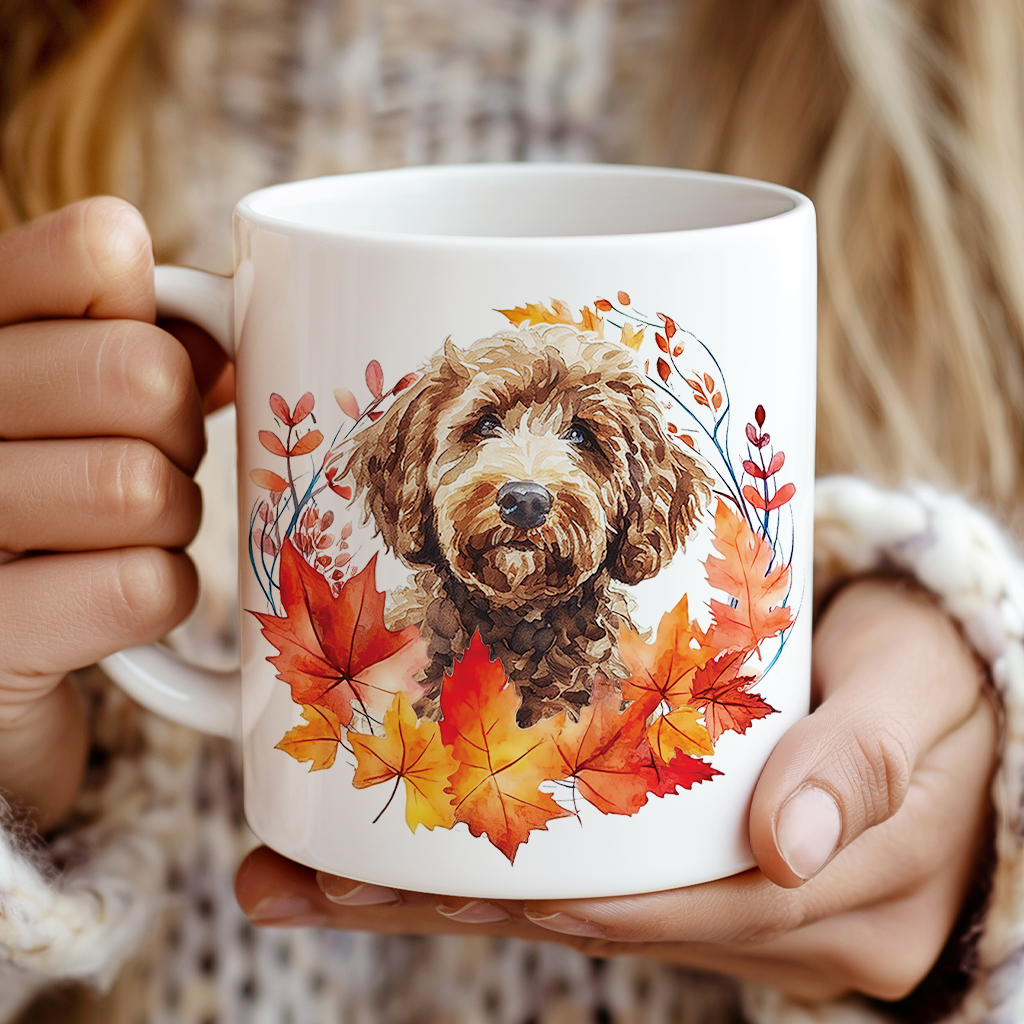 Personalised Labradoodle in an Autumn wreath - Keepsake Mug, ideal gift for Birthday and Christmas Gift, by Floppsie Moppsie – floppsiemoppsie at floppsiemoppsie.co.uk