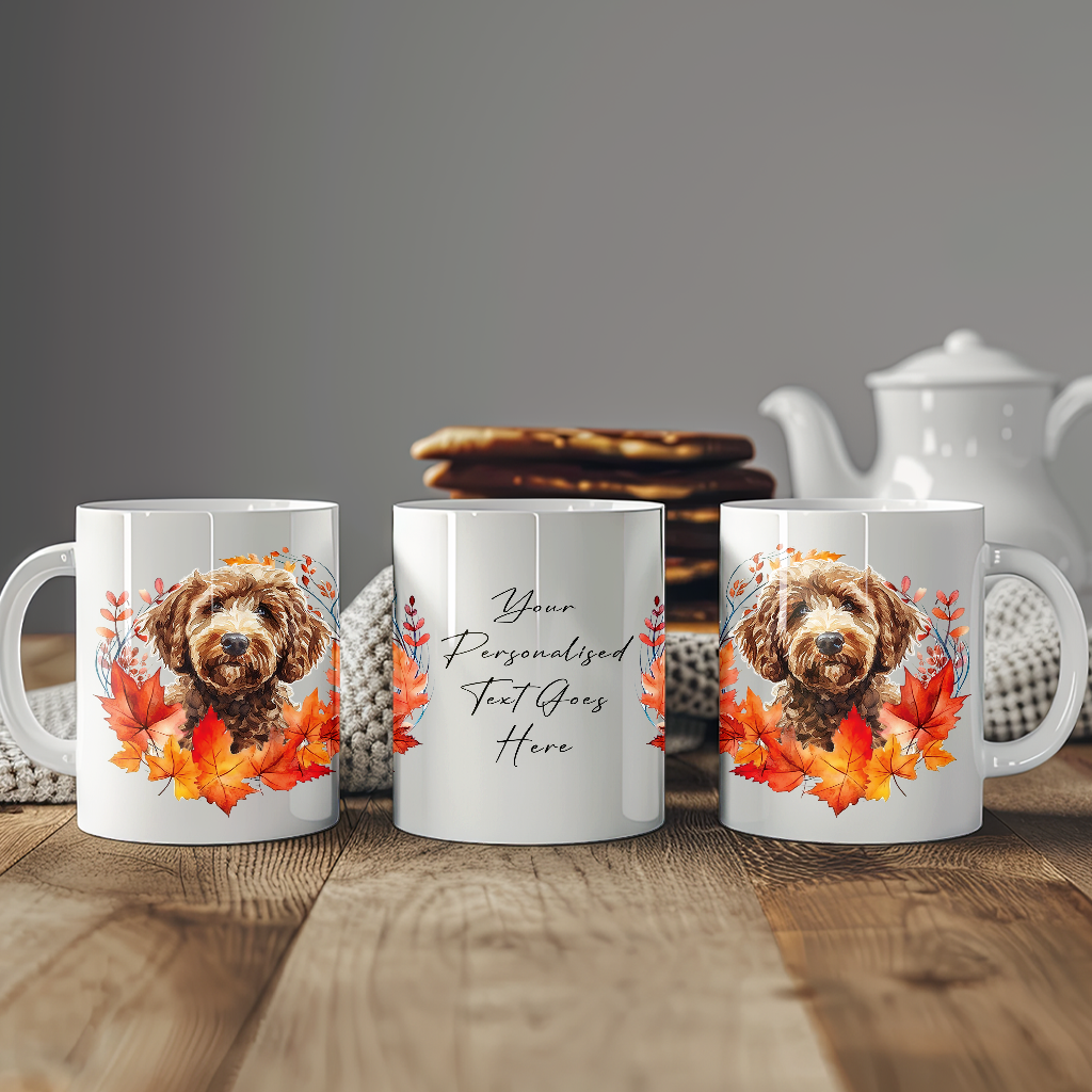 Personalised Labradoodle in an Autumn wreath - Keepsake Mug, ideal gift for Birthday and Christmas Gift, by Floppsie Moppsie – floppsiemoppsie at floppsiemoppsie.co.uk