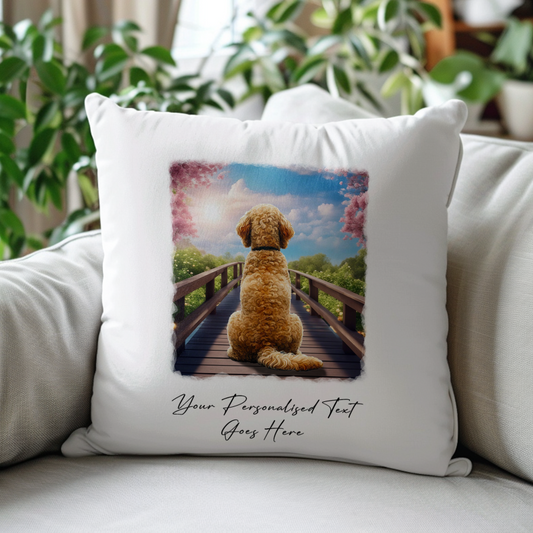 Personalised Labradoodle – Looking out across a Bridge Pet Gift Cushion, by Floppsie Moppsie – floppsiemoppsie at floppsiemoppsie.co.uk