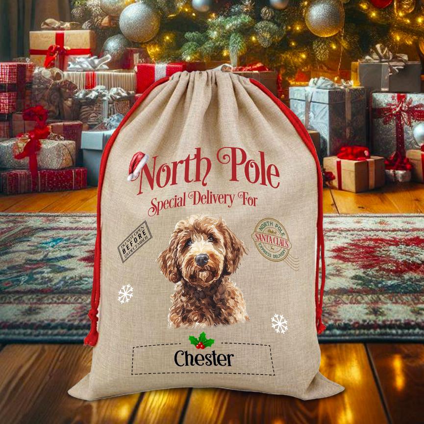 Personalised Dog Labradoodle – North Pole Special Delivery Santa Sack Pet Gift, by Floppsie Moppsie – floppsiemoppsie at floppsiemoppsie.co.uk