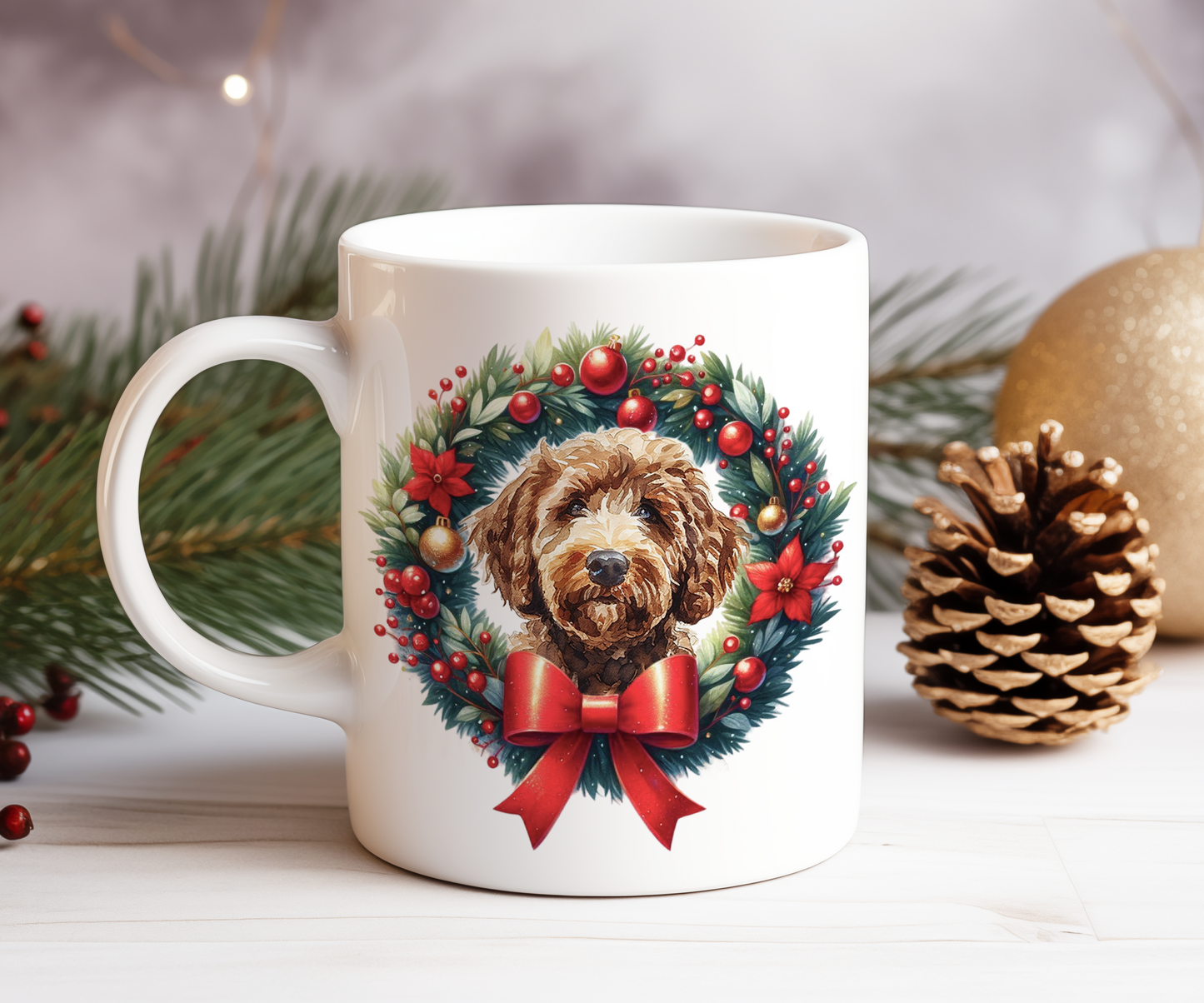 Personalised Labradoodle Dog Christmas Wreath Gift Mug