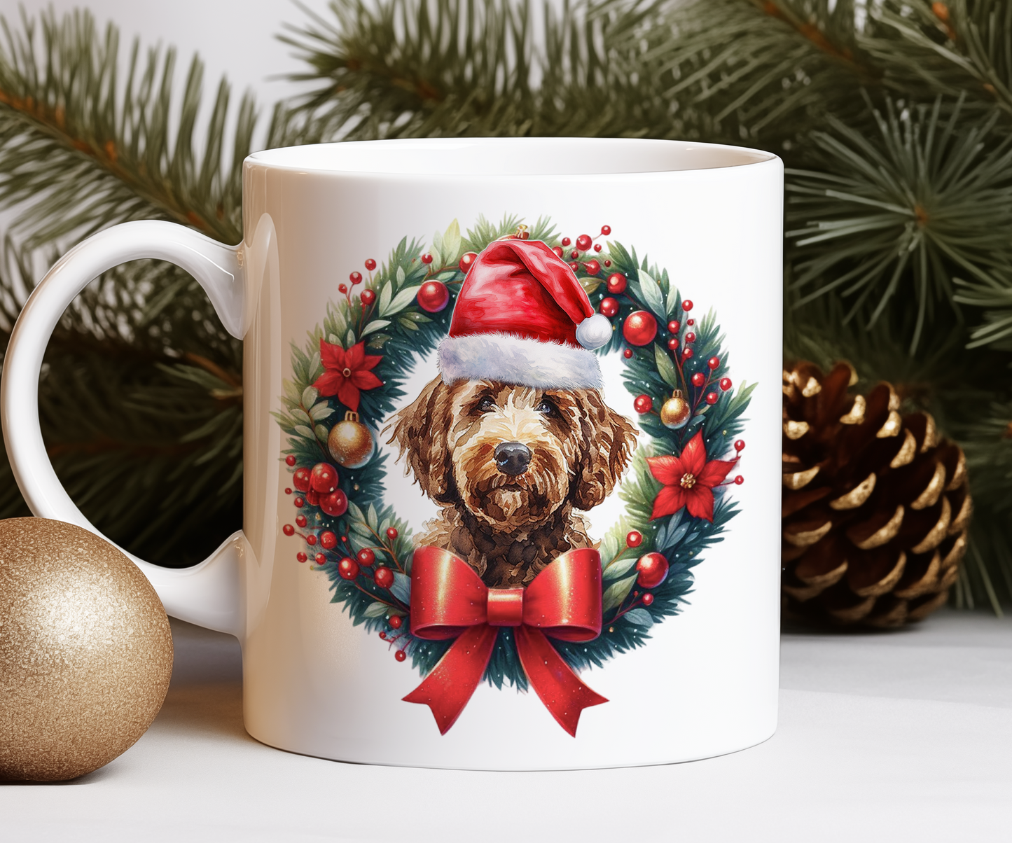 Personalised Labradoodle Dog Christmas Wreath Gift Mug