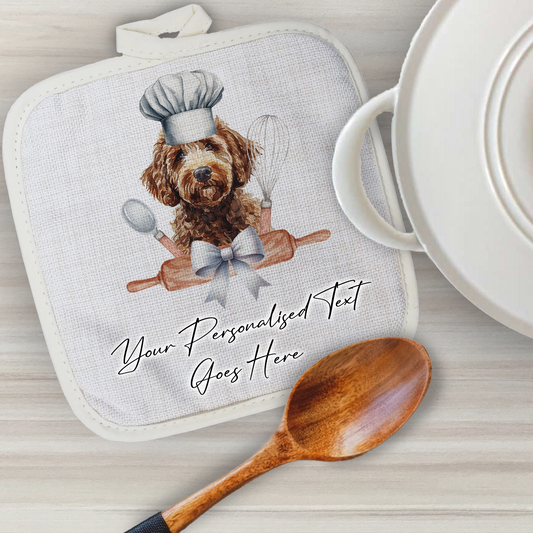 Personalised Dog In Chef Hat Gift Pot Holder / Grab - Labradoodle