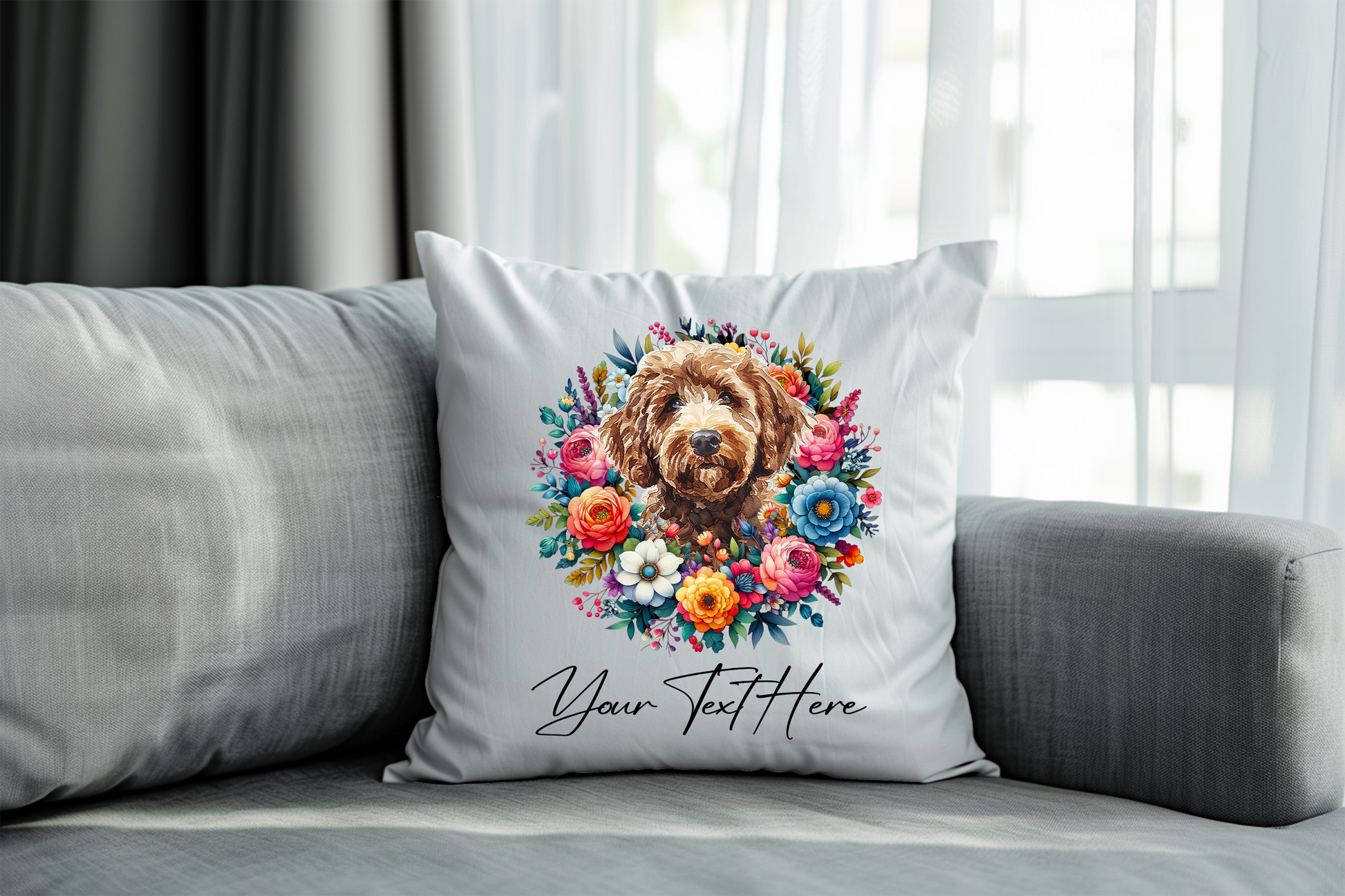 Personalised Floral Summer Pet Dog Wreath with Labradoodle - Keepsake Gift Cushion, by Floppsie Moppsie – floppsiemoppsie at floppsiemoppsie.co.uk