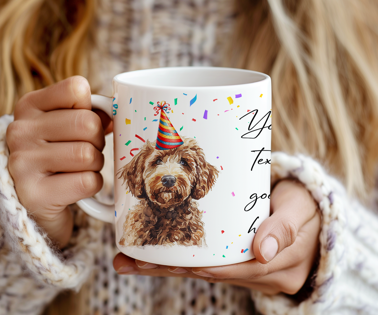 Personalised Dog Gift Mug - Labradoodle with Birthday Congratulations Party Hat