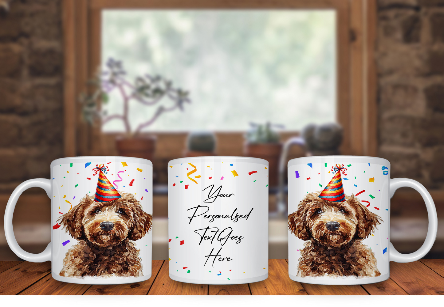 Personalised Dog Gift Mug - Labradoodle with Birthday Congratulations Party Hat