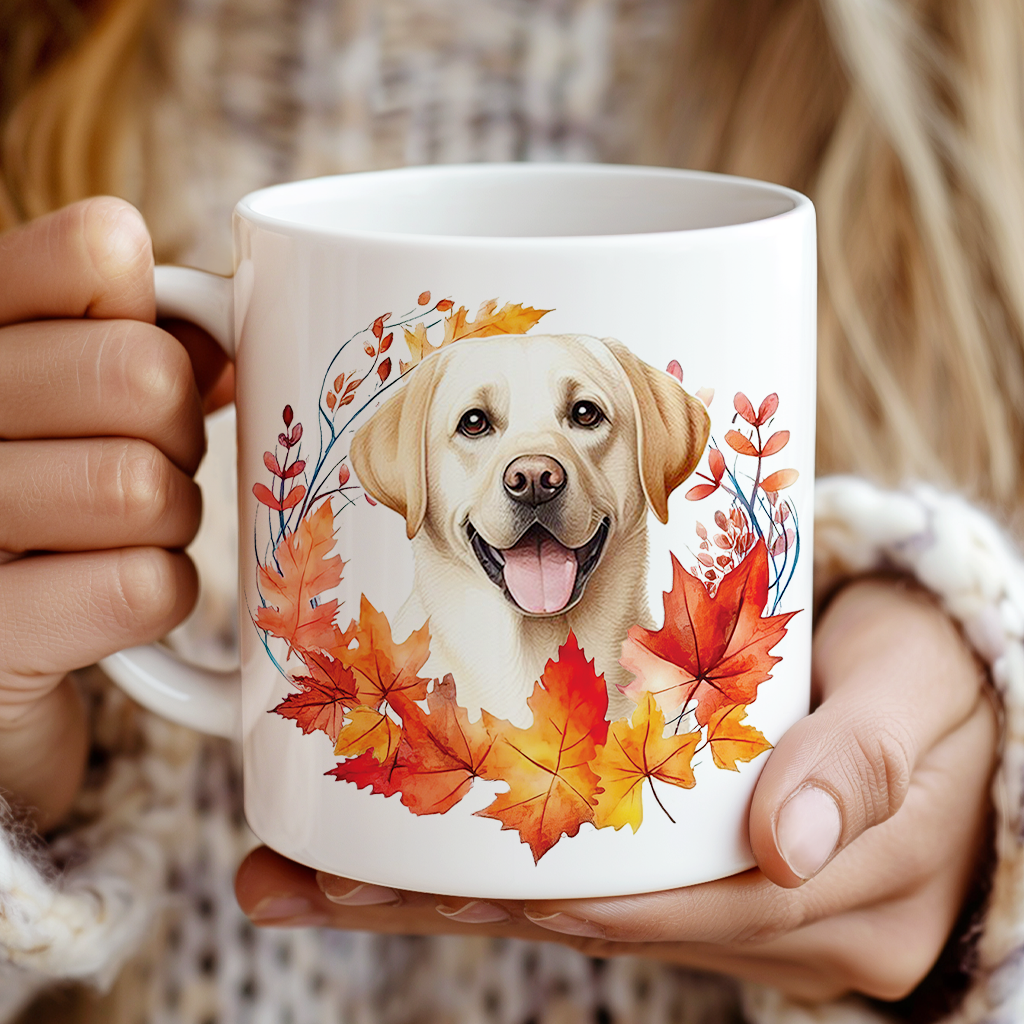 Personalised Labrador Retriever in an Autumn wreath - Keepsake Mug, ideal gift for Birthday and Christmas Gift, by Floppsie Moppsie – floppsiemoppsie at floppsiemoppsie.co.uk