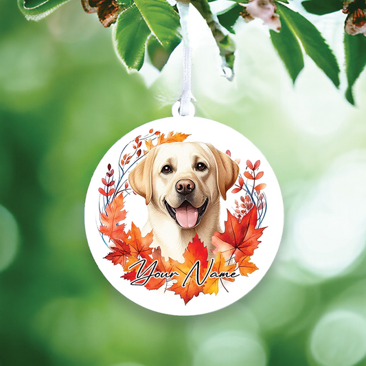 Personalised Dog Labrador Retriever in an autumn wreath - Keepsake Gift Hanging Decoration, by Floppsie Moppsie – floppsiemoppsie at floppsiemoppsie.co.uk