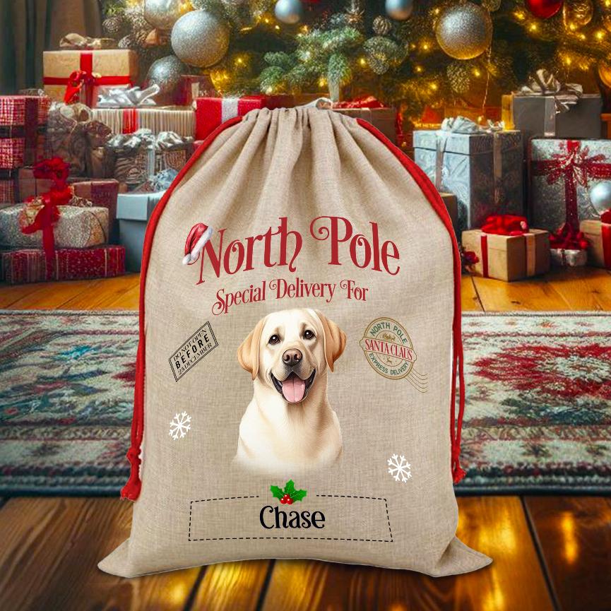 Personalised Dog Labrador Retriever – North Pole Special Delivery Santa Sack Pet Gift, by Floppsie Moppsie – floppsiemoppsie at floppsiemoppsie.co.uk