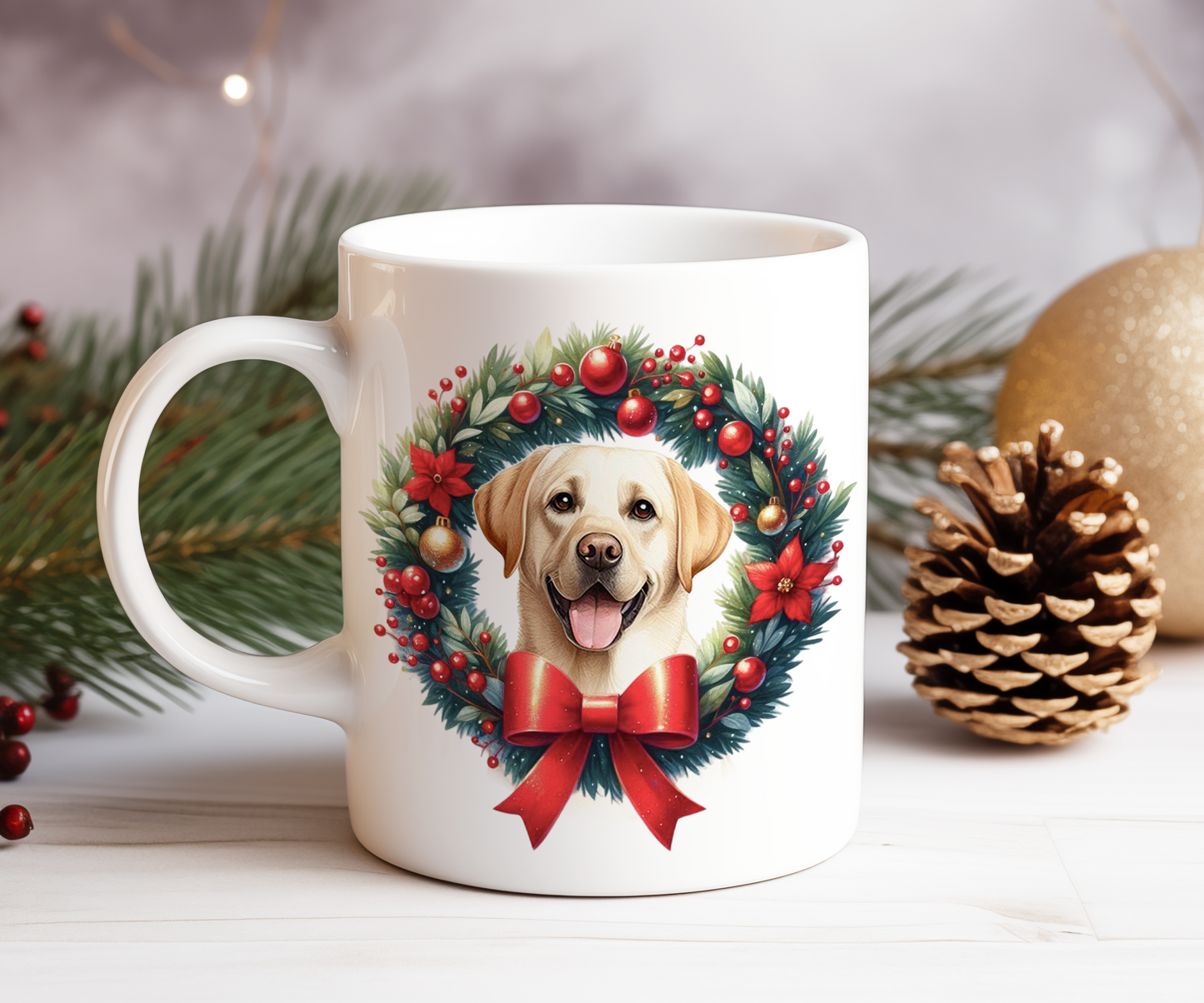 Personalised Labrador Retriever Dog Christmas Wreath Gift Mug