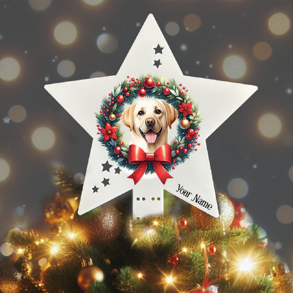 Personalised Pet Dog Labrador Retriever wreath Christmas Tree Topper - Keepsake Gift, by Floppsie Moppsie – floppsiemoppsie at floppsiemoppsie.co.uk