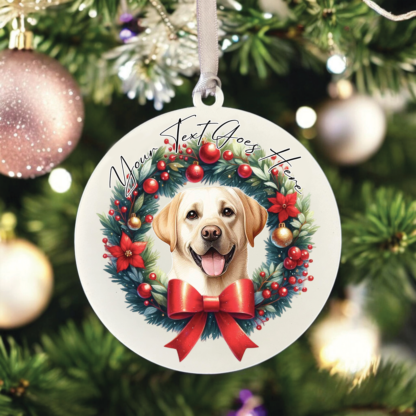 Personalised Labrador Retriever Dog Christmas Wreath - Hanging Bauble Decoration