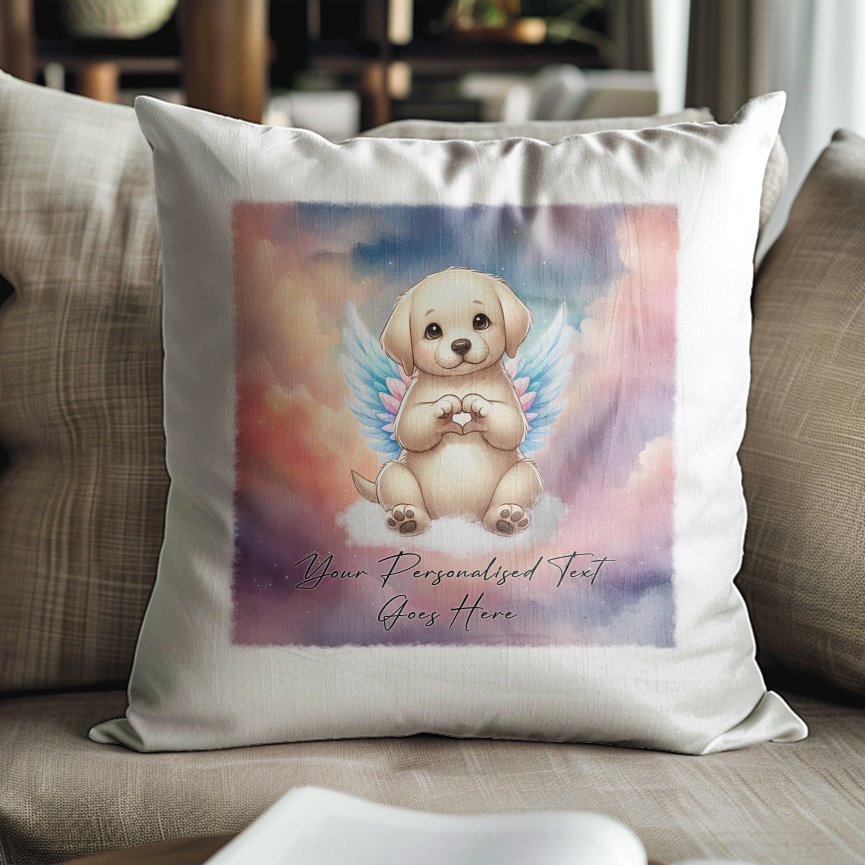 Personalised Dog Memorial Mug of Labrador Retriever with wings in clouds making a heart sign - Keepsake Gift Cushion, by Floppsie Moppsie – floppsiemoppsie at floppsiemoppsie.co.uk