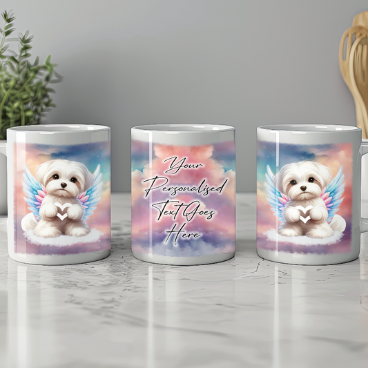 Personalised Dog Memorial Mug of Labrador Retriever with wings in clouds making a heart sign - Keepsake Gift Mug, by Floppsie Moppsie – floppsiemoppsie at floppsiemoppsie.co.uk