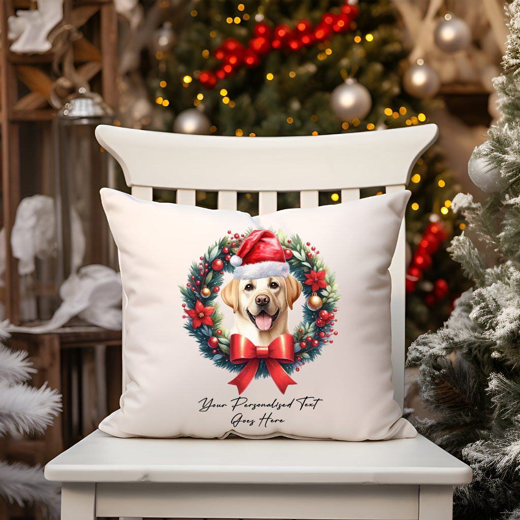 Personalised Labrador Retriever with Santa Hat in a Christmas wreath - Keepsake Gift cushion, by Floppsie Moppsie – floppsiemoppsie at floppsiemoppsie.co.uk