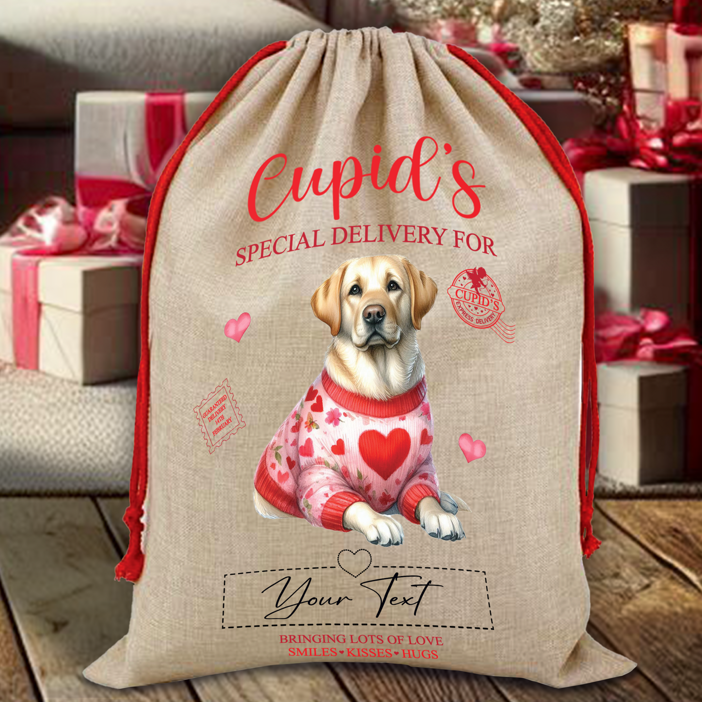 Personalised Dog Love Heart Valentine Anniversary Gift Sack - Labrador Retriever