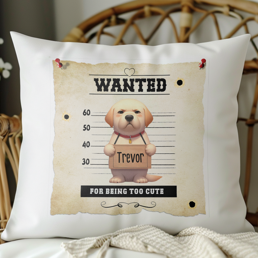 Personalised Dog WANTED Labrador Retriever in a line-up - Keepsake Gift Cushion, by Floppsie Moppsie – floppsiemoppsie at floppsiemoppsie.co.uk