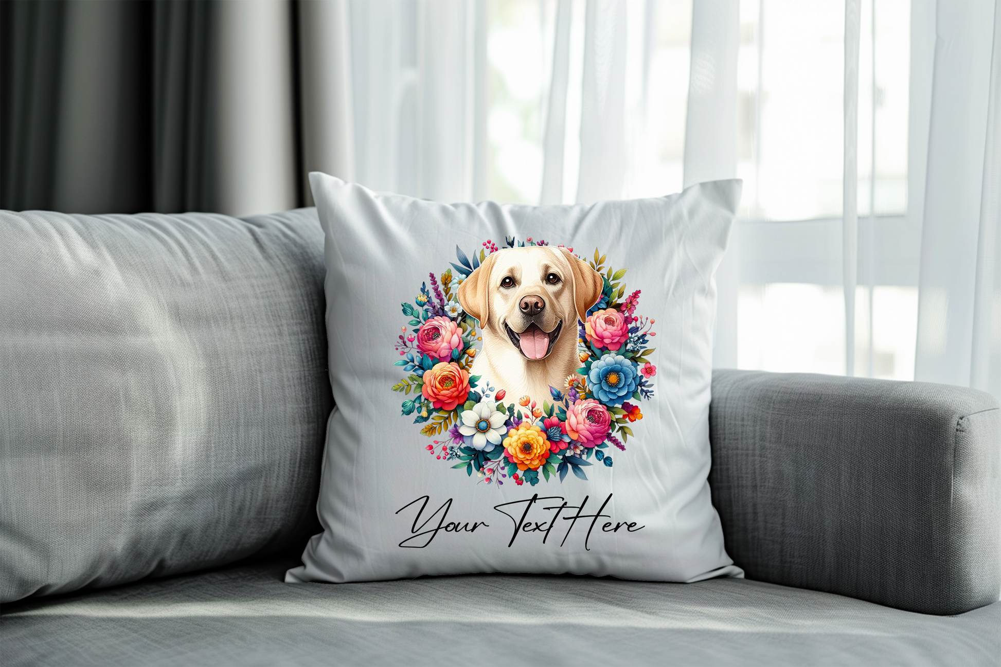 Personalised Floral Summer Pet Dog Wreath with Labrador Retriever - Keepsake Gift Cushion, by Floppsie Moppsie – floppsiemoppsie at floppsiemoppsie.co.uk