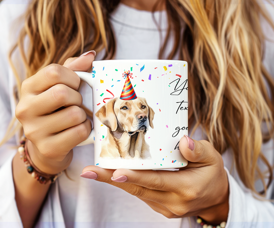 Personalised Dog Gift Mug - Labrador Retreiver with Birthday Congratulations Party Hat