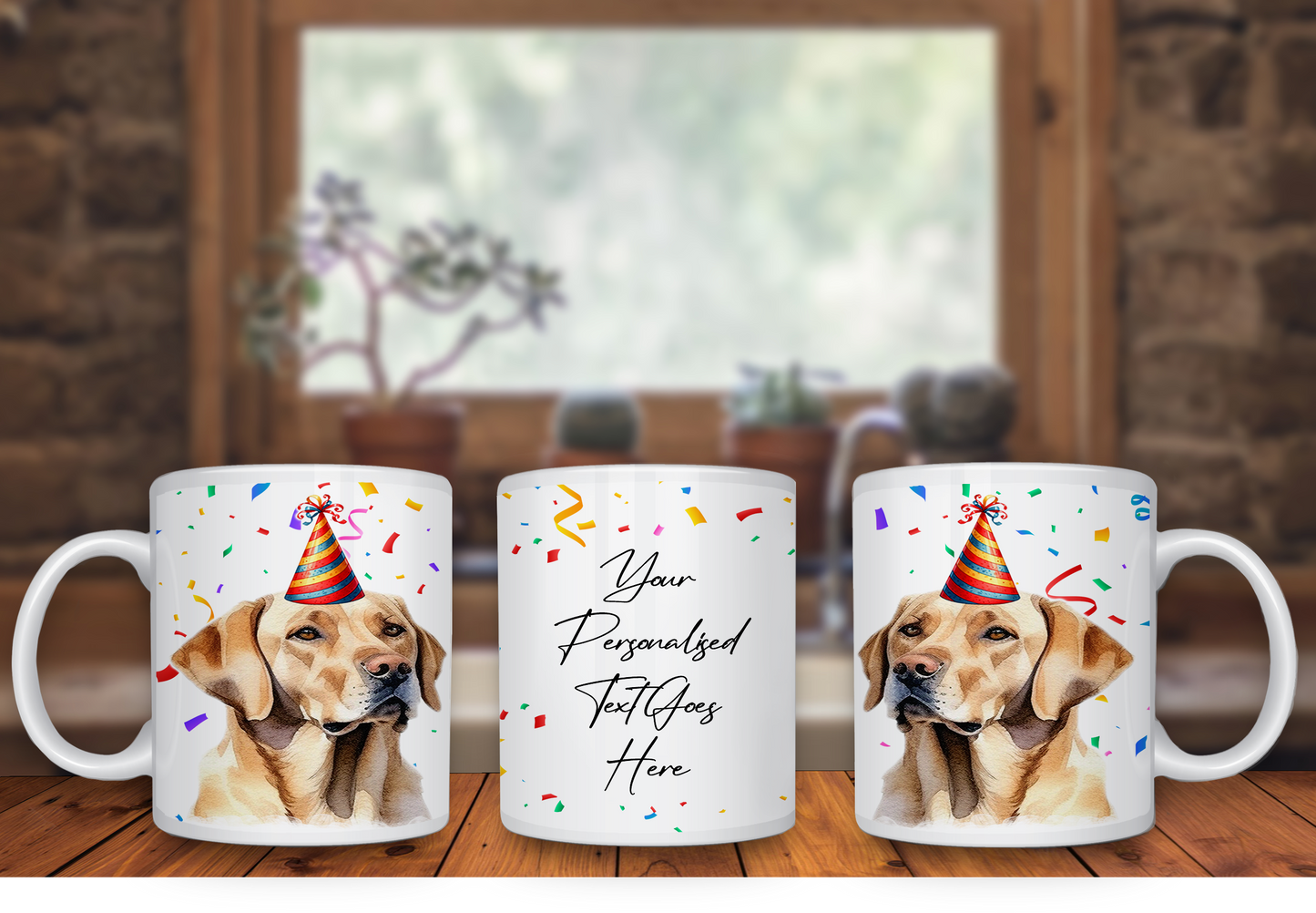 Personalised Dog Gift Mug - Labrador Retreiver with Birthday Congratulations Party Hat