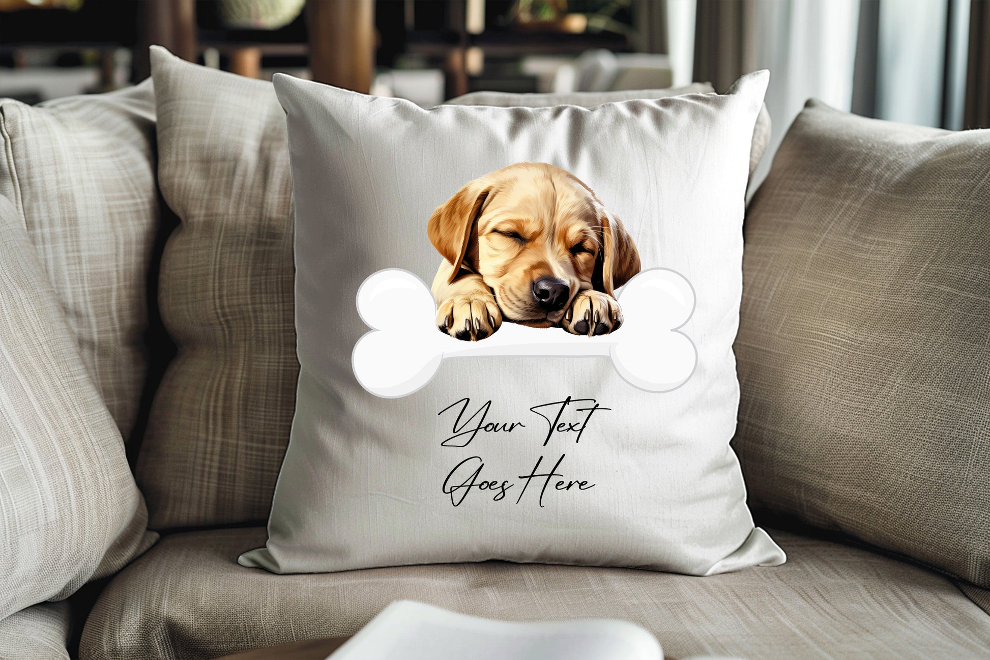 Personalised Labrador Retriever sleeping on a bone Pet Dog Keepsake Gift Cushion, by Floppsie Moppsie – floppsiemoppsie at floppsiemoppsie.co.uk