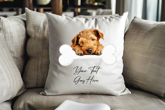 Personalised Lakeland Terrier sleeping on a bone Pet Dog Keepsake Gift Cushion, by Floppsie Moppsie – floppsiemoppsie at floppsiemoppsie.co.uk