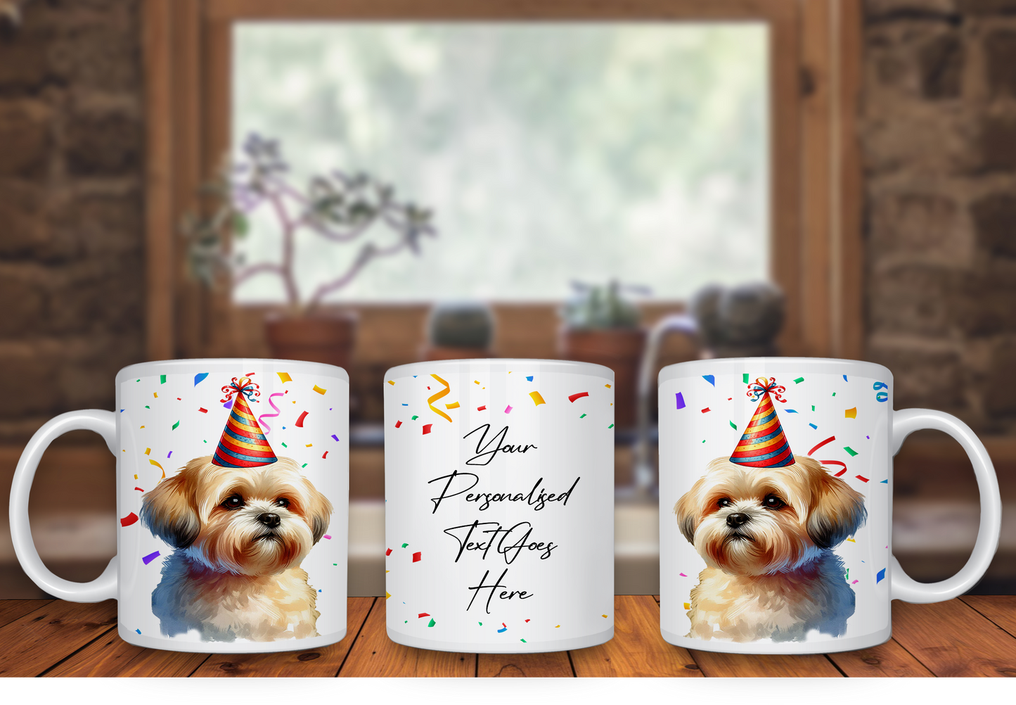 Personalised Dog Gift Mug - Shorthaired Lhasa Apso with Birthday Congratulations Party Hat