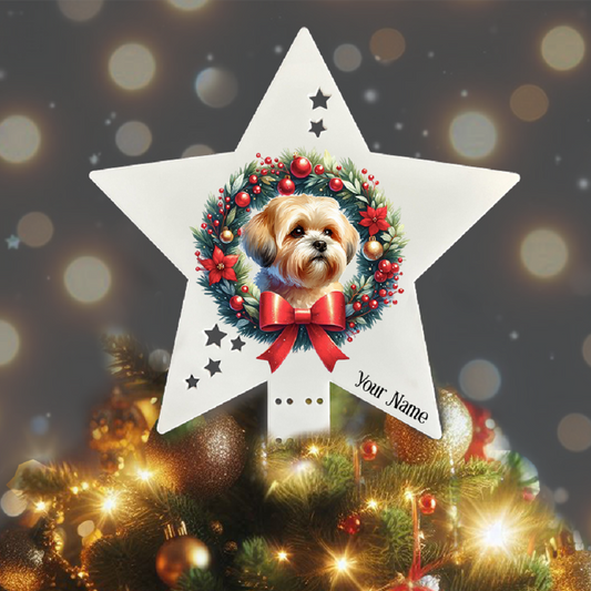 Personalised Pet Dog Shorthaired Lhasa Apso wreath Christmas Tree Topper - Keepsake Gift, by Floppsie Moppsie – floppsiemoppsie at floppsiemoppsie.co.uk