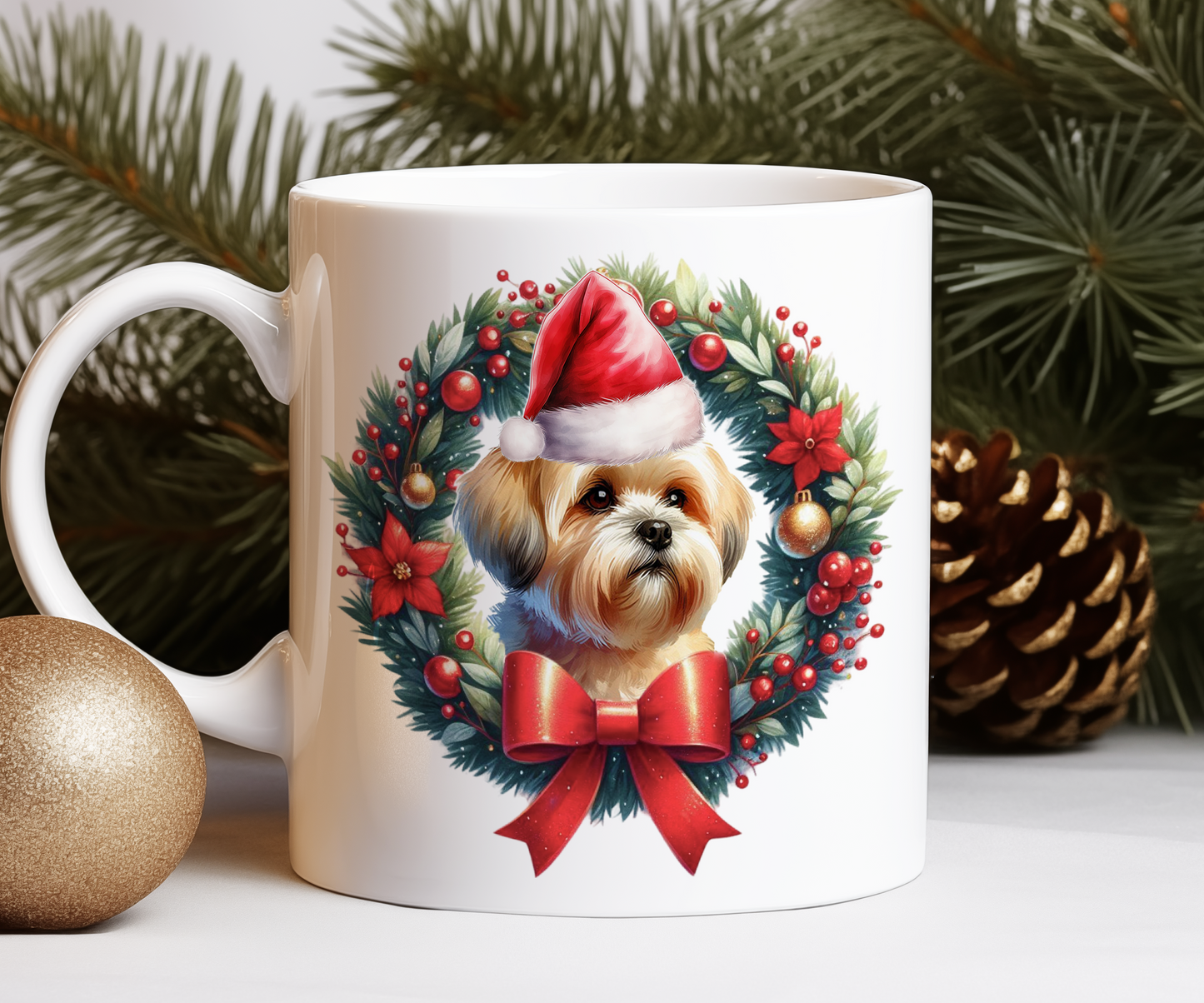 Personalised Lhasa Apso Dog Christmas Wreath Gift Mug